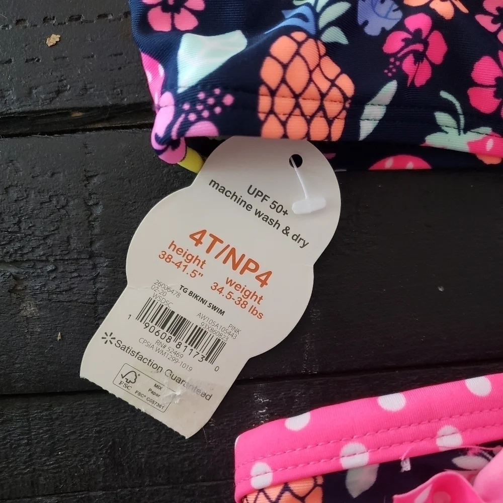 Wonder Nation NWT Toddler Girl 4T Bikini Swimsuit Navy Neon Pink Ruffle Fruit